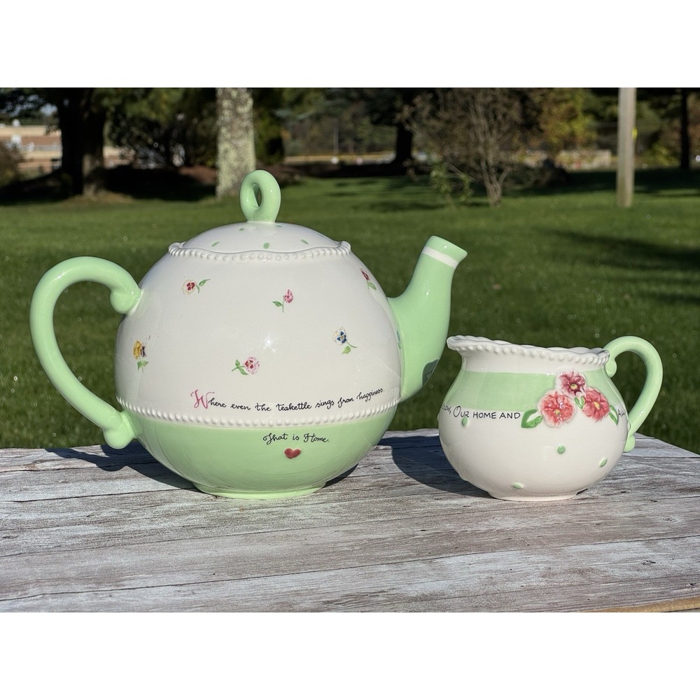VTG Y2K Susan Branch Teapot Kettle & Creamer Sings From Happiness That Is Home